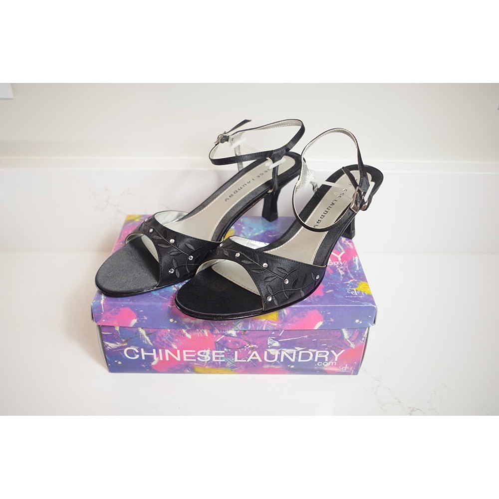 Chinese Laundry Jezebel Black Satin Kitten Heel Sandals Rhinestone Floral 9M